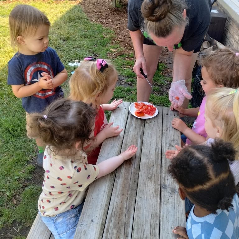 Teacher and young children sharing food at an outdoor table