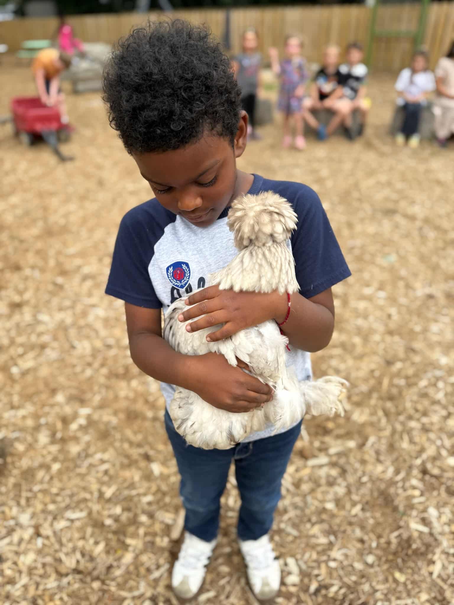 Camper gently holding a chicken outdoors at Green Garden